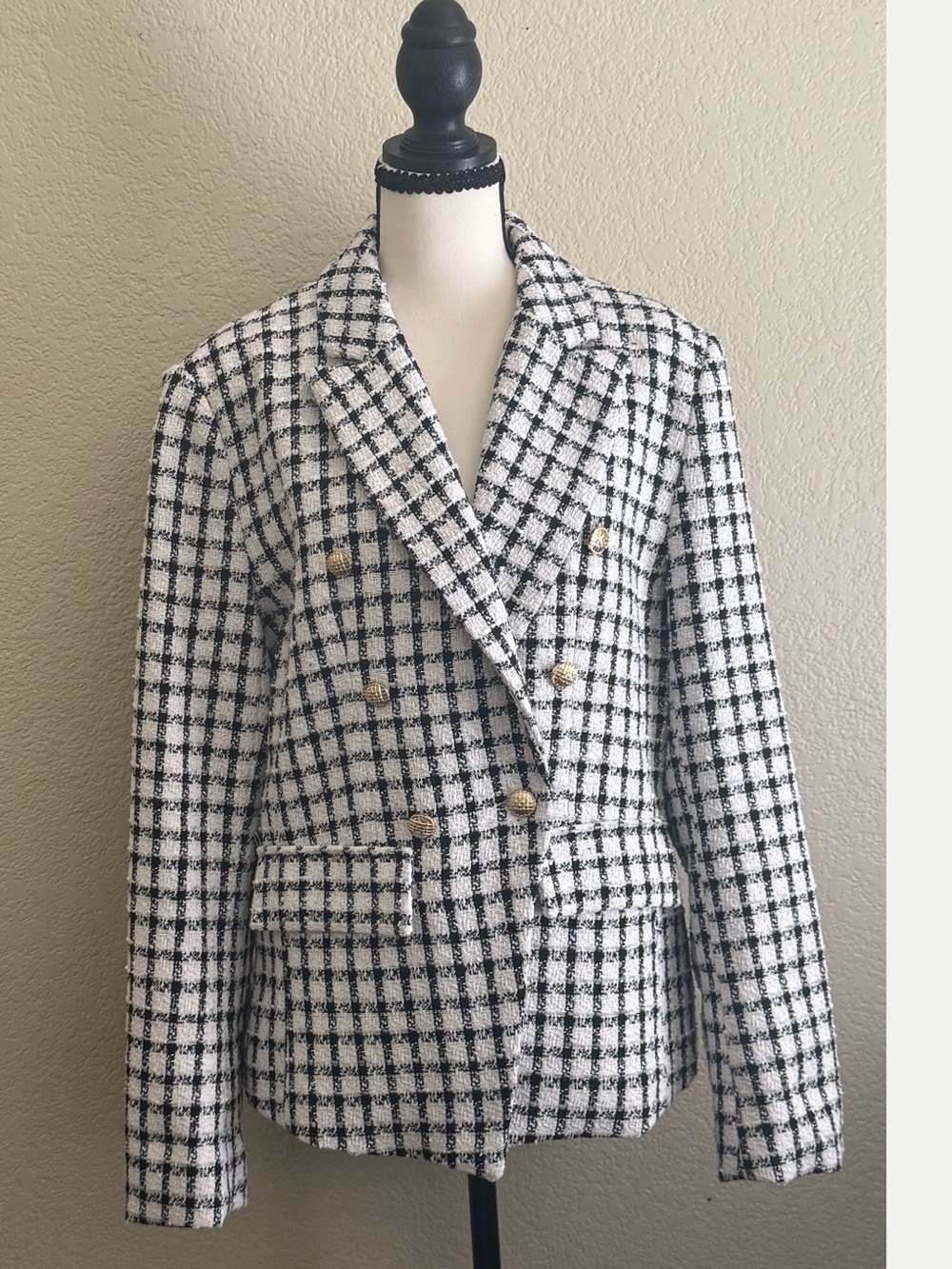 Mina Self Black & White Check Double-Breasted Tweed Blazer Size Large